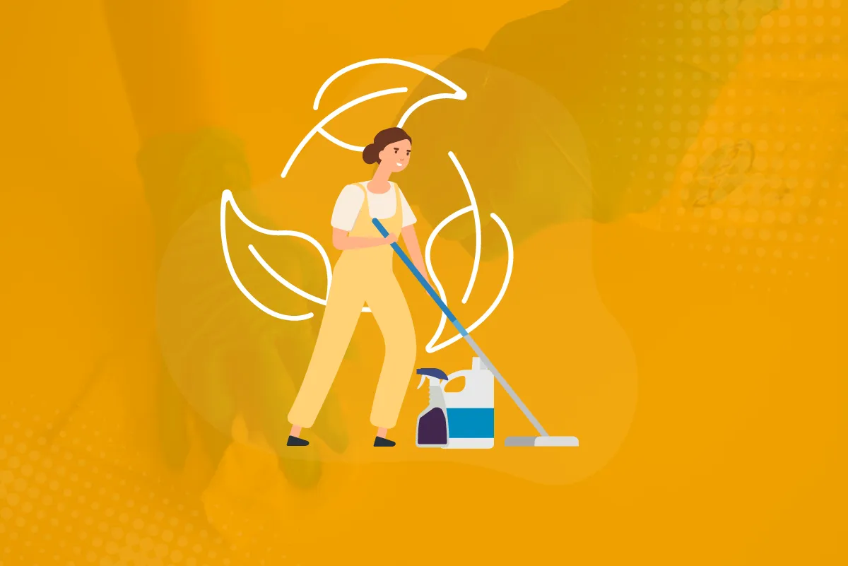 Illustration des innovations vertes en propreté : une dame avec un balai et des feuilles